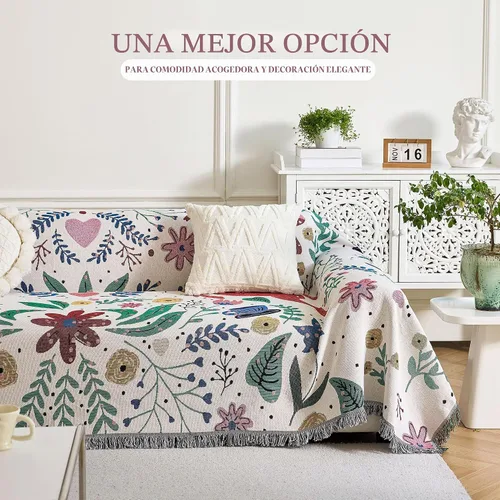 Vista 2 de VANJOROY Cobija fina bohemia, 100% algodón tejido a mano sudoccidental con decoración floral de granja reversible, cobija para todas las estaciones