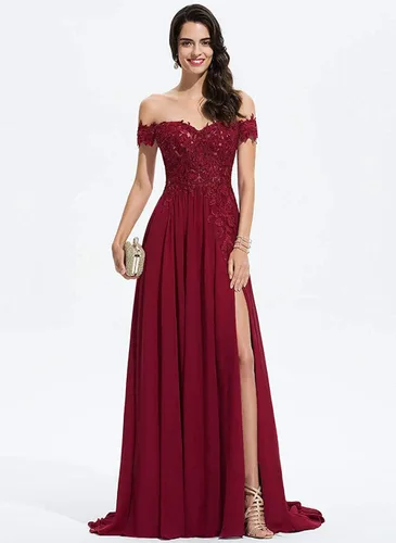 Vista 5 de Off Shoulder Lace Prom Dresses with Slit Long Appliqued Chiffon Formal Party Gowns for Women