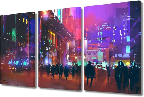 Vista 71 de Arte de pared de 3 piezas de escena de ciencia ficción de la calle comercial futurista paisaje urbano, decoración de pared para dormitorio