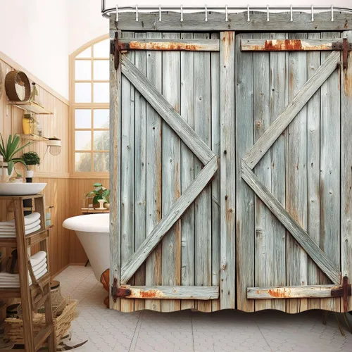 Vista 13 de JAWO Cortina de ducha rústica para puerta de granero, estilo occidental, para baño, tablero de madera marrón, tela impermeable de poliéster