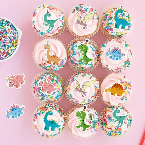Vista 4 de Ercadio 40 piezas comestibles de dibujos animados de dinosaurios para cupcakes para bebida, decoración de tartas para temática de dinosaurios, baby