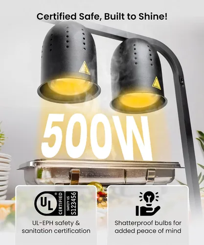 Vista 6 de SYBO DL2112 Lámpara de calor para alimentos de grado comercial, calentador de alimentos eléctrico portátil, 2 bombillas de 500W con soporte Negro