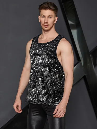 Vista 4 de WDIRARA Camiseta sin mangas con cuello redondo y lentejuelas para hombre