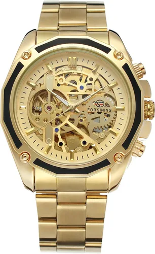 Vista 2 de FORSINING Reloj de esqueleto analógico automático para hombre con pulsera de acero inoxidable, Oro, Automático, reloj esqueleto