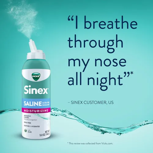 Vista 9 de Vicks Sinex Spray nasal hidratante salino, con aloe, niebla ultrafina sin medicamentos, limpia la congestión sinusal diaria rápida, elimina