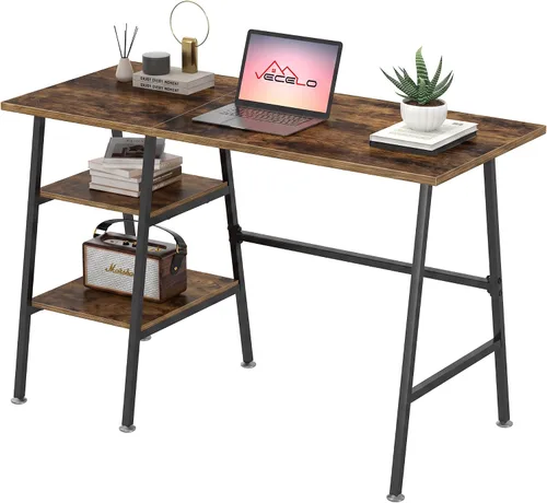 Vista 10 de VECELO Escritorio para computadora de 43 pulgadas, mesa de estudio, oficina, escritorio moderno con estantes, escritorio de madera para el Negro