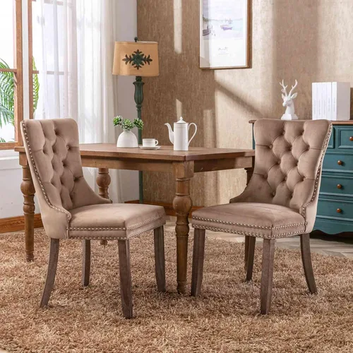 Vista 13 de Juego de 2 sillas de comedor con respaldo de ala de terciopelo copetudo, sillas laterales tapizadas, patas de madera maciza (beige)