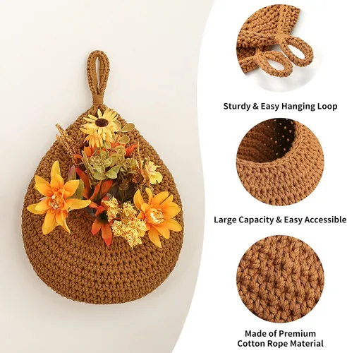 Vista 2 de Cestas de frutas bohemias para colgar en la pared para cocina, paquete de 3 soportes tejidos con 6 ganchos fuertes, cesta colgante de verduras