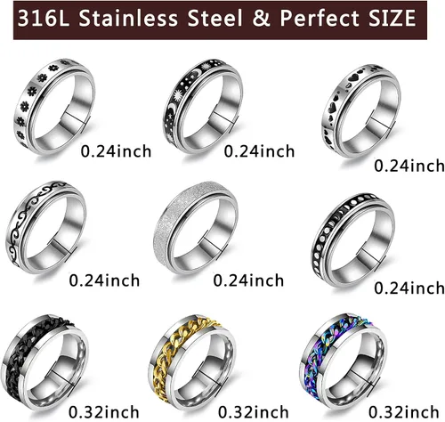 Vista 6 de Juego de 9 anillos giratorios de acero inoxidable multiestilo para mujeres y hombres anillos antiestrés para la ansiedad para mujeres anillos