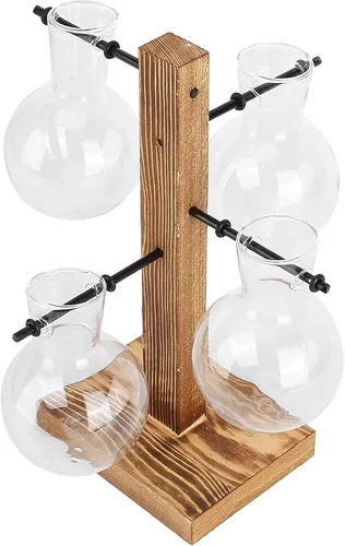 Vista 7 de Asixxsix Terrarios de plantas con soporte de madera, soporte retro para macetas hidropónicas de escritorio con 4 bombillas para propagar plantas