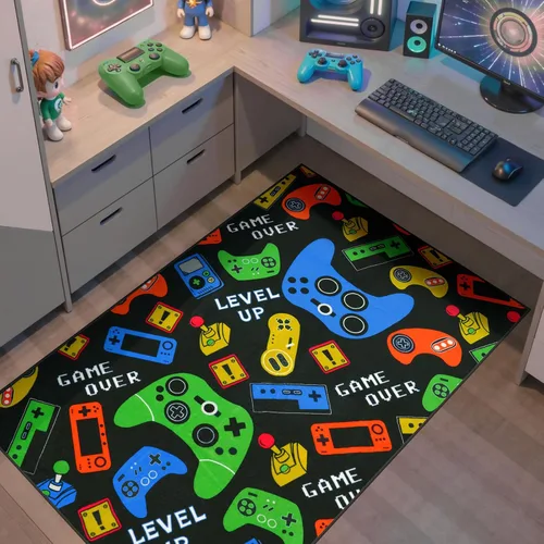 Vista 9 de STARUIA Alfombra negra con video gamer para habitación de niños, pequeña alfombra lavable de 3 x 5 pies para dormitorio de niños, alfombra suave