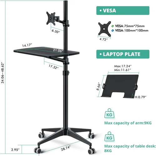 Vista 4 de Viozon Escritorio móvil, estación de trabajo móvil, soporte de suelo para portátil multiuso, altura ajustable de 34 a 48.6 pulgadas, compatible