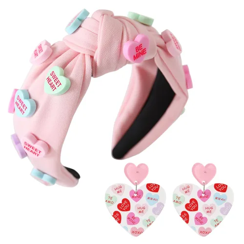 Vista 15 de Diademas de corazón de caramelo para el día de San Valentín para mujer, diadema de corazón de conversación de amor con diamantes de imitación