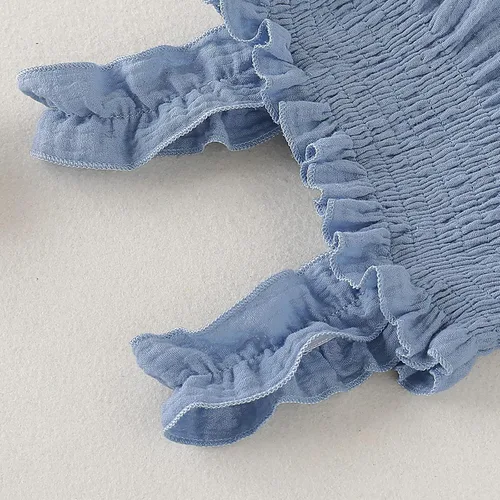 Vista 5 de Vestido de lino de algodón sólido sin mangas con tirantes de playa para niñas pequeñas (azul claro, 18-24 meses)