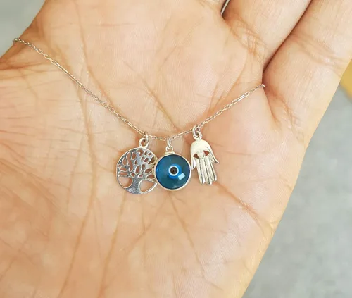 Vista 4 de MYSTIC JEWELS Collar de plata de ley 925 Tres símbolos, mano de Fátima y árbol de la vida y buenos símbolos, Mano de Fátima y árbol de la vida