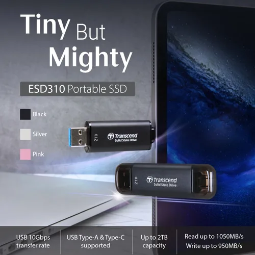 Vista 5 de Transcend ESD310 SSD externo de 1 TB, hasta 1,050 MB/s, unidad USB dual para iPhone17,16,15, iPad y Mac/Pixel10/Tesla/Steam Deck/ROG Ally/MSI Rosa