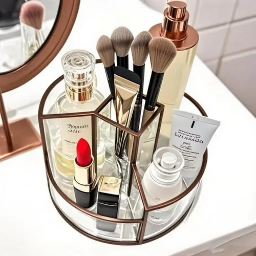 Vista 2 de Soporte para brochas de maquillaje giratorio de 360°, organizador de maquillaje, bandeja de perfume, organizador de baño y almacenamiento