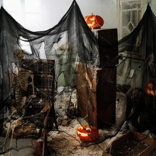 Vista 6 de Tela espeluznante negra de Halloween, 315 x 85 pulgadas, decoración de Halloween al aire libre, paño negro de gasa espeluznante, accesorios