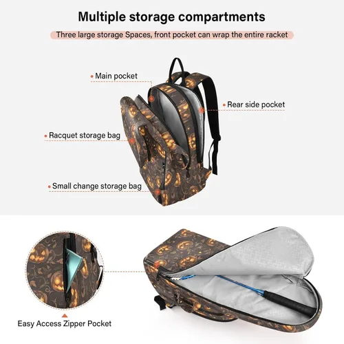Vista 5 de Bolsa de tenis unisex resistente al agua, color amarillo gótico, calabaza de Halloween, bolsa de viaje deportiva para tenis, bádminton, bolsa