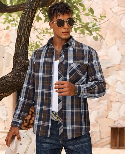 Vista 3 de Lion Nardo Camisas de Franela a Cuadros para Hombre de Manga Larga Camisas de Vestir para Hombre Casuales con Botones Abajo Tallas Grandes