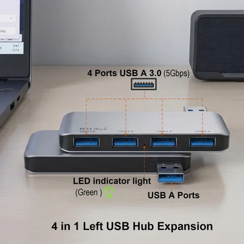 Vista 2 de Hub USB 3.0 del lado izquierdo, divisor USB sin cable de 4 puertos para laptop, diseño de enchufe directo, compatible con MacBook, portátiles