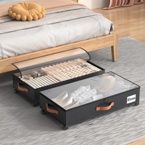 Vista 7 de Almacenamiento debajo de la cama con ruedas, contenedores de almacenamiento XXXL más grandes debajo de la cama con tapas transparentes, organizador