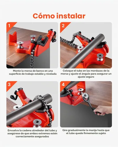 Vista 5 de VEVOR Mordaza de cadena de tubo resistente, capacidad de tubo de 1/2" a 8", cadena robusta de 34.6" y base de hierro fundido, sujeción de tubo