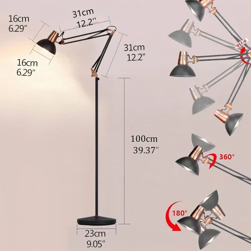 Vista 2 de Lámpara de pie LED FIRVRE, lámpara de pie giratoria vintage de metal, 3 modos de uso - lámpara de pie, lámpara de mesa y lámpara de clip, lámpara
