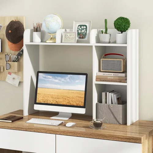 Vista 37 de Estantería de escritorio, 2 niveles, organizador de escritorio de oficina con 4 estantes, estante de almacenamiento de madera de 37 pulgadas