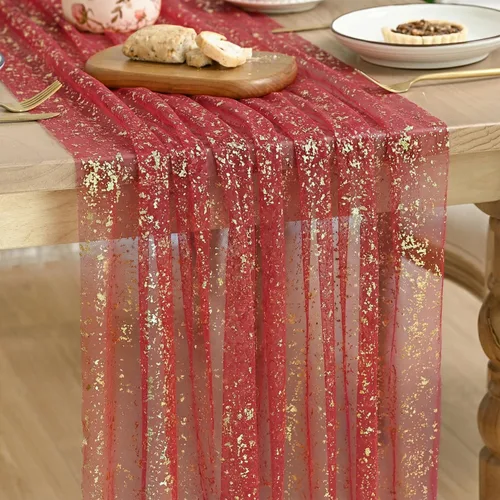Vista 12 de Artoid Mode Camino de mesa de gasa color beige dorado de 120 pulgadas, 10 pies, lámina metálica con purpurina transparente para comedor, boda