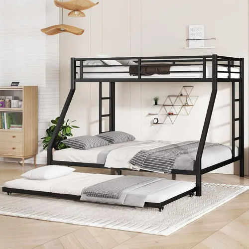 Vista 20 de Litera de metal resistente de tamaño individual sobre matrimonial, con escalera integrada y barandilla de seguridad para niños, adolescentes