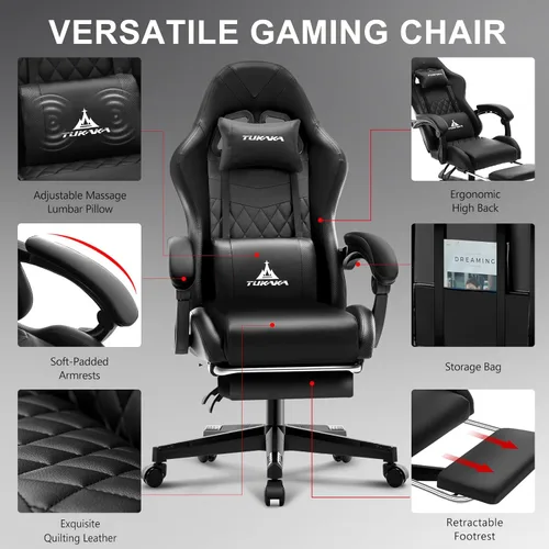 Vista 5 de Silla para Videojuegos, Silla de Oficina Ergonómica con Masaje, Asiento de Computadora con Reposapiés, Cojín de Muelles de Bolsillo, Silla