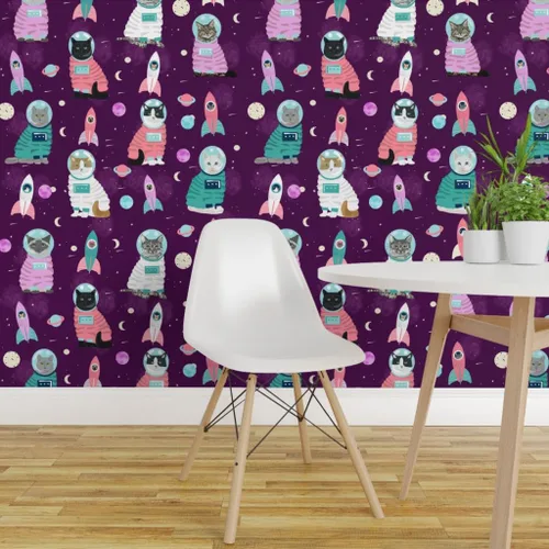 Vista 3 de Muestro de papel tapiz extraíble – Gatos espaciales Gato lindo gatito gatito púrpura mascota Retrato personalizado pre-pegado papel pintado por