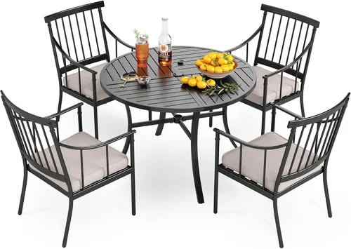 Vista 16 de PHI VILLA Juego de mesa de comedor para patio de 7 piezas con cojín para 6, mesa grande rectangular de metal para exteriores con orificio para Silla