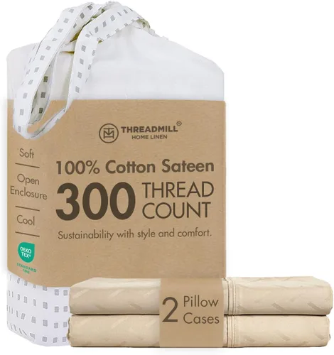 Vista 15 de Threadmill Juego de fundas de almohada tamaño king de 2 piezas - 100% algodón puro de 300 hilos, tejido de satén beige - Fundas de almohada ultra