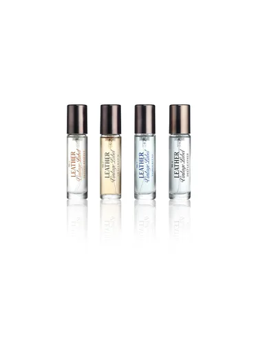 Vista 2 de Tru Fragrance Beauty Mini conjunto de viaje de cuero Vintage Label Colonia Cuatro colonias de viaje para hombres con #1 Reserva Privada, #2 Lote