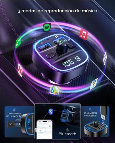 Vista 4 de LENCENT Transmisor FM, transmisor FM Bluetooth, adaptador de radio inalámbrico, kit de coche con carga USB dual, receptor de audio, cargador