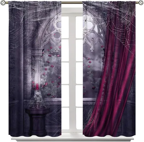 Vista 8 de Cortinas opacas góticas, diseño de calavera de terror de palacio retro, fondo de rosas rojas, sala de estar, dormitorio, cocina, cortinas de ventana