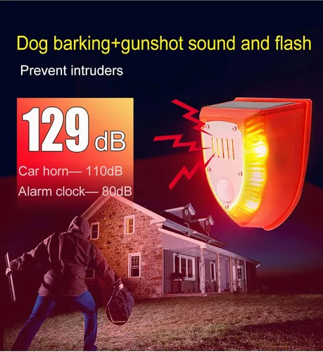 Vista 7 de Sensor de movimiento solar de luz y alarma de sonido, 129dB disparo y ladridos de perro y luz estroboscópica sirena de alarma de seguridad