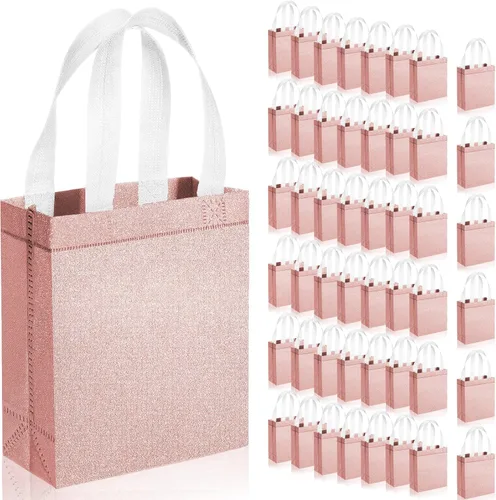 Vista 10 de Woanger Paquete de 48 bolsas de regalo con purpurina con asa, reutilizables, no tejidas, con purpurina para bodas, cumpleaños, despedidas de Negro