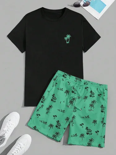 Vista 52 de GORGLITTER Conjunto de 2 piezas de camiseta gráfica de manga corta para hombre, estampado hawaiano con cordón y pantalones cortos