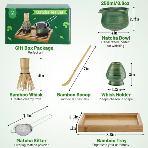 Vista 2 de Juego de batidor de matcha con bandeja de bambú, cuenco con boquilla, batidor y soporte, cuchara de bambú, tamiz, kit de matcha japonés, regalo