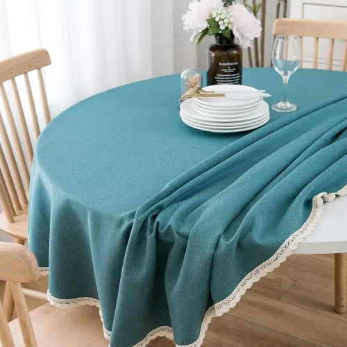 Vista 2 de Mantel redondo de granja decorativo, a prueba de polvo, sin arrugas, mantel de lino con ribete de encaje para mesa circular, color verde azulado, 60