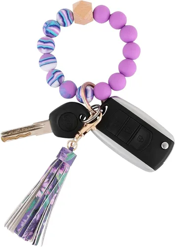 Vista 23 de BAOSIWA Pulsera de cuentas de silicona, llavero de pulsera, cadena para mujer, con borla de cuero Negro
