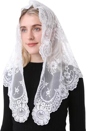 Vista 3 de Cabeza de encaje triangular Mantilla que cubre velos de iglesia católica, length 47.3" across by 23.6" front to back