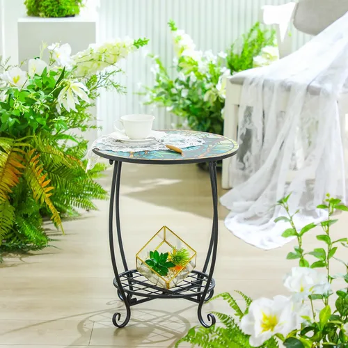 Vista 6 de Cinnvoice Mesa auxiliar redonda para exteriores, mosaico pequeño, decoración de patio, planta interior, mesa de té para patio, porche, jardín, sala