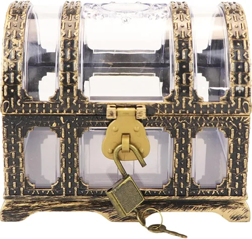 Vista 9 de Cofre del tesoro pirata para niños: pequeña caja del tesoro con cerradura y llave, caja de colección vintage de plástico para almacenamiento