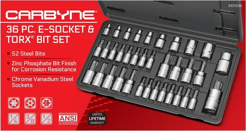 Vista 2 de CARBYNE Juego de dados Torx de 36 piezas y dados E-Torx, T8 a T60, Torx de seguridad resistente a manipulaciones TT8 a TT55, E4 externo a E18