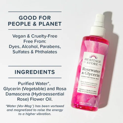 Vista 3 de HERITAGE STORE Paquete de agua de rosas y glicerina Bruma facial hidratante para piel radiante y húmeda Sin tintes ni alcohol, 8 onzas, 4 onzas