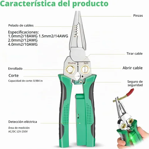 Vista 3 de Pelacables 8 en 1 con probador de voltaje, alicates multifuncionales para electricista profesional con función de medición de electricidad, alicates